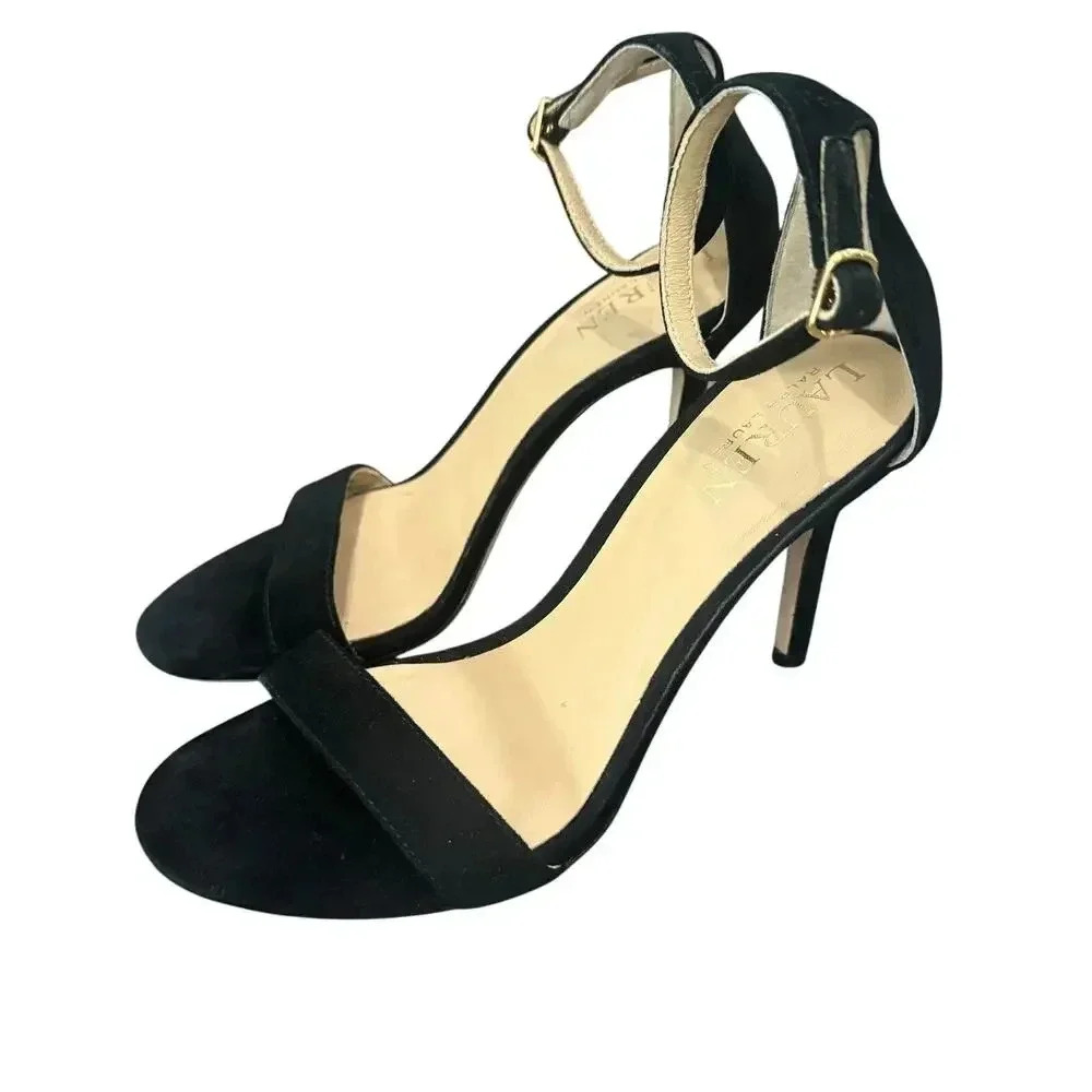 New Lauren Ralph Lauren Black Suede Allie Ankle Strap Sandals Heels Size 5.5B